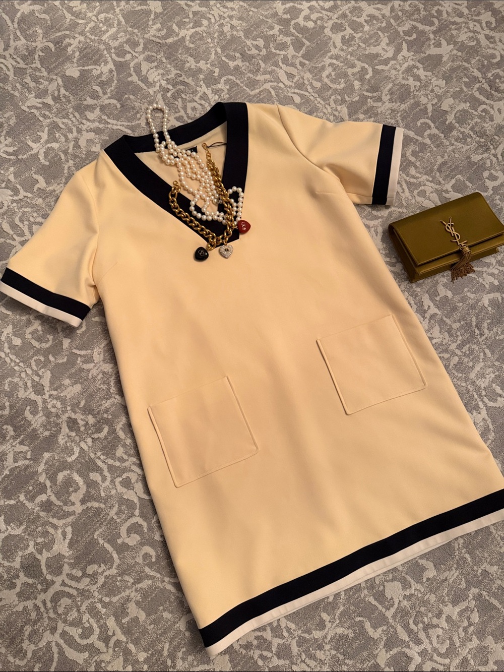 Tara Jarmon Cream Shift Dress with Black Trim
